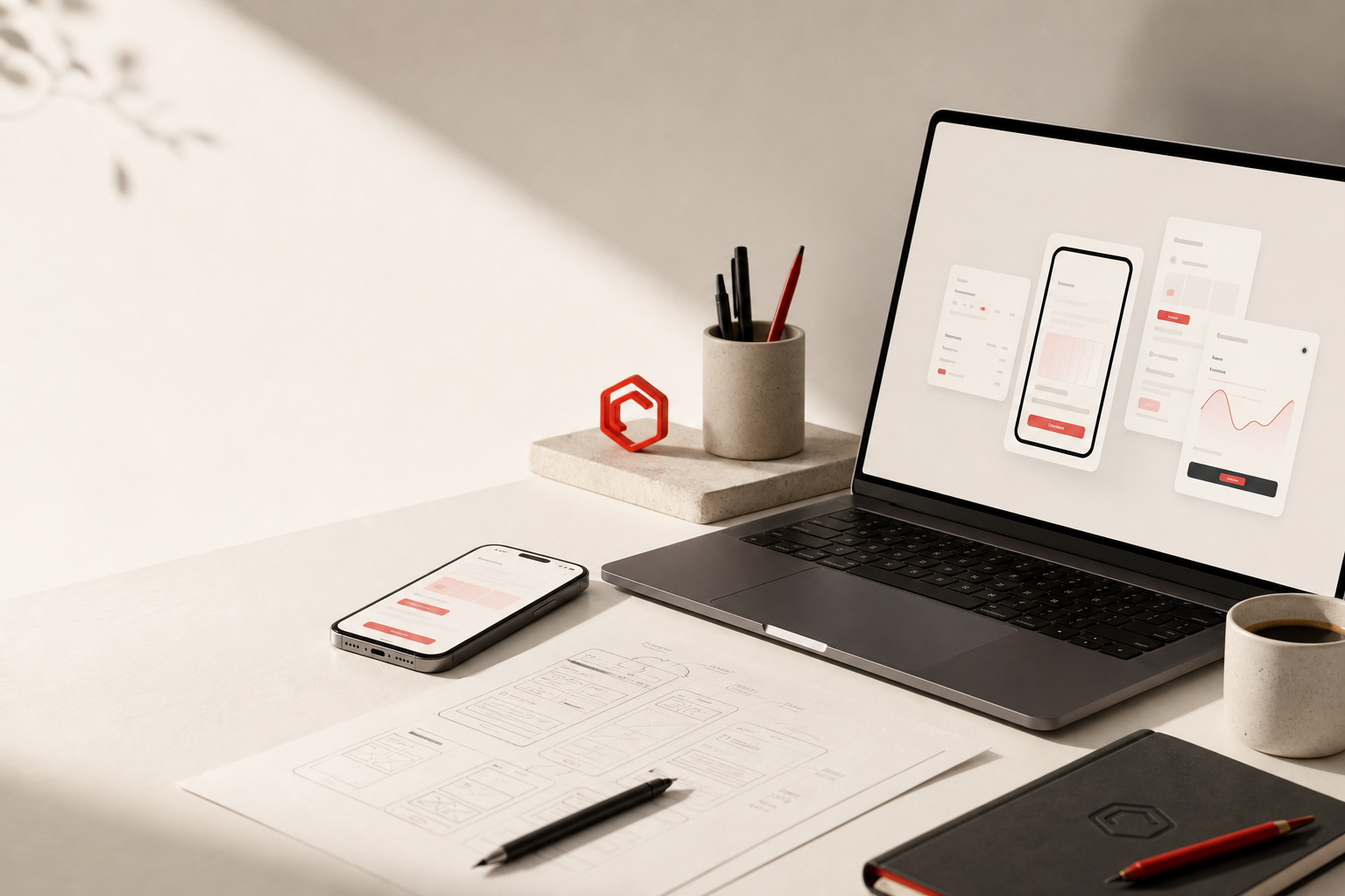 Reostack studio scene with laptop, mobile app screens, and product design sketches